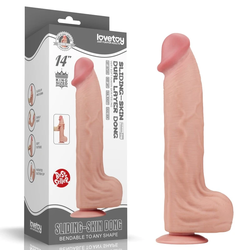 14'' King Sized Sliding Skin Dual Layer Dildo sa Testisima i Vakuumskim Postoljem
