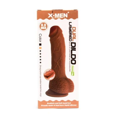 Braon dualni dildo sa testisima 22,3cm - X-MEN sa vakuumskim postoljem - Sexy Shop