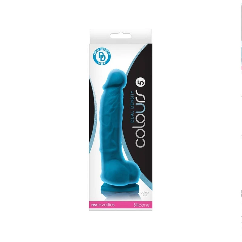 Colours Dual Density 5 inčni dildo plave boje sa testisima i vakuumskim postoljem