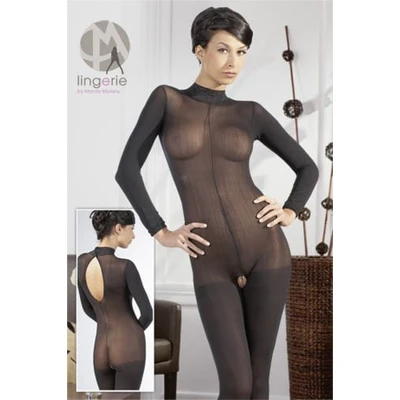 Crni dugački catsuit sa čipkastim ovratnikom i otvorenim preponama, S/M - Sexy Shop