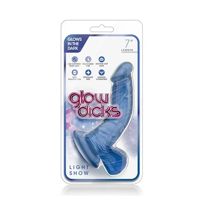 Glow Dick Svetlosni Show Plavi 18,4 cm sa vakuumskim postoljem i testisima - Sexy Shop
