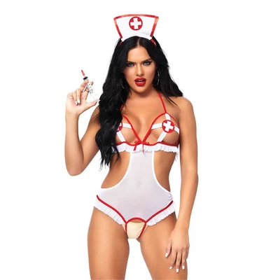 Naughty Nurse kostim s otvorenim čašama i čarapama, bijeli/red, O/S - Sexy Shop
