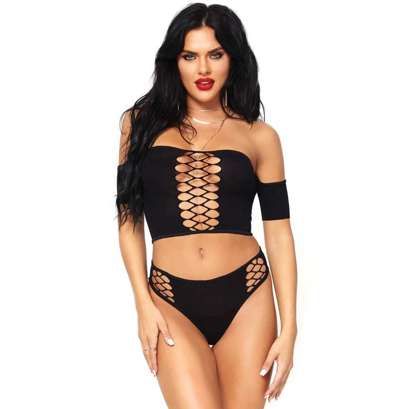 Opaque Crni Crop Top sa Mrežom i Tanga Gaćice
