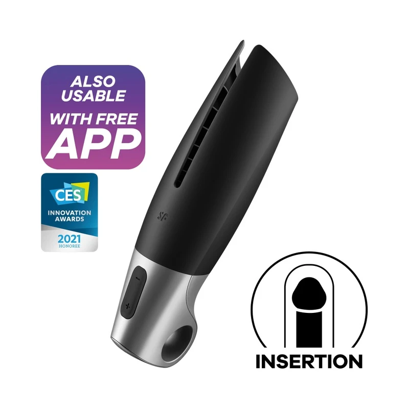 Power Masturbator Satisfyer crno-srebrni sa aplikacijom i vibracijom