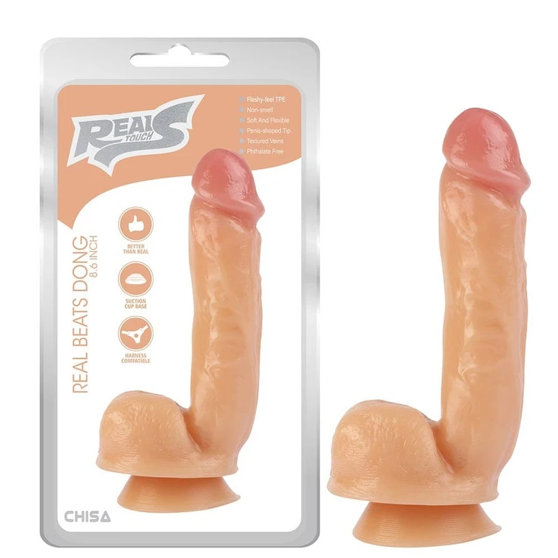 Real Beats Dildou sa Testisima i Vakuumskim Postoljem, 21,8 cm, Boja Kože