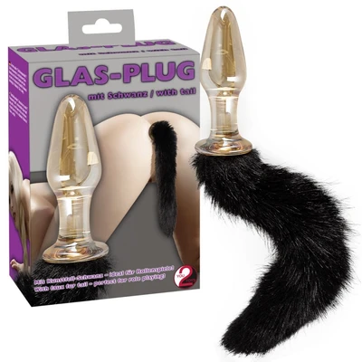 Zlatni stakleni butt plug sa crnim veštačkim krznom 12 cm - Sexy Shop